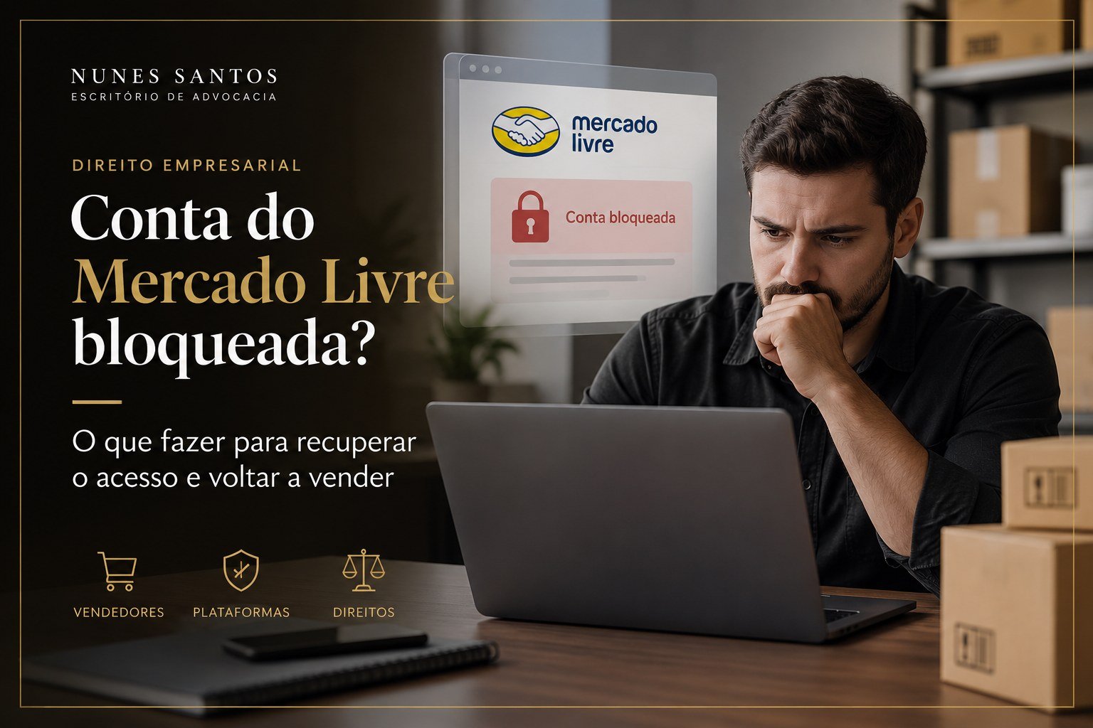 Vendedor preocupado analisando notebook com tela do Mercado Livre mostrando conta bloqueada - Nunes Santos Advogados