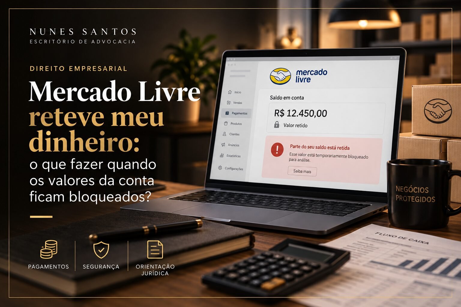 Ilustração sobre valores retidos pelo Mercado Livre, com ícones de pagamentos, segurança e orientação jurídica - Nunes Santos Advogados